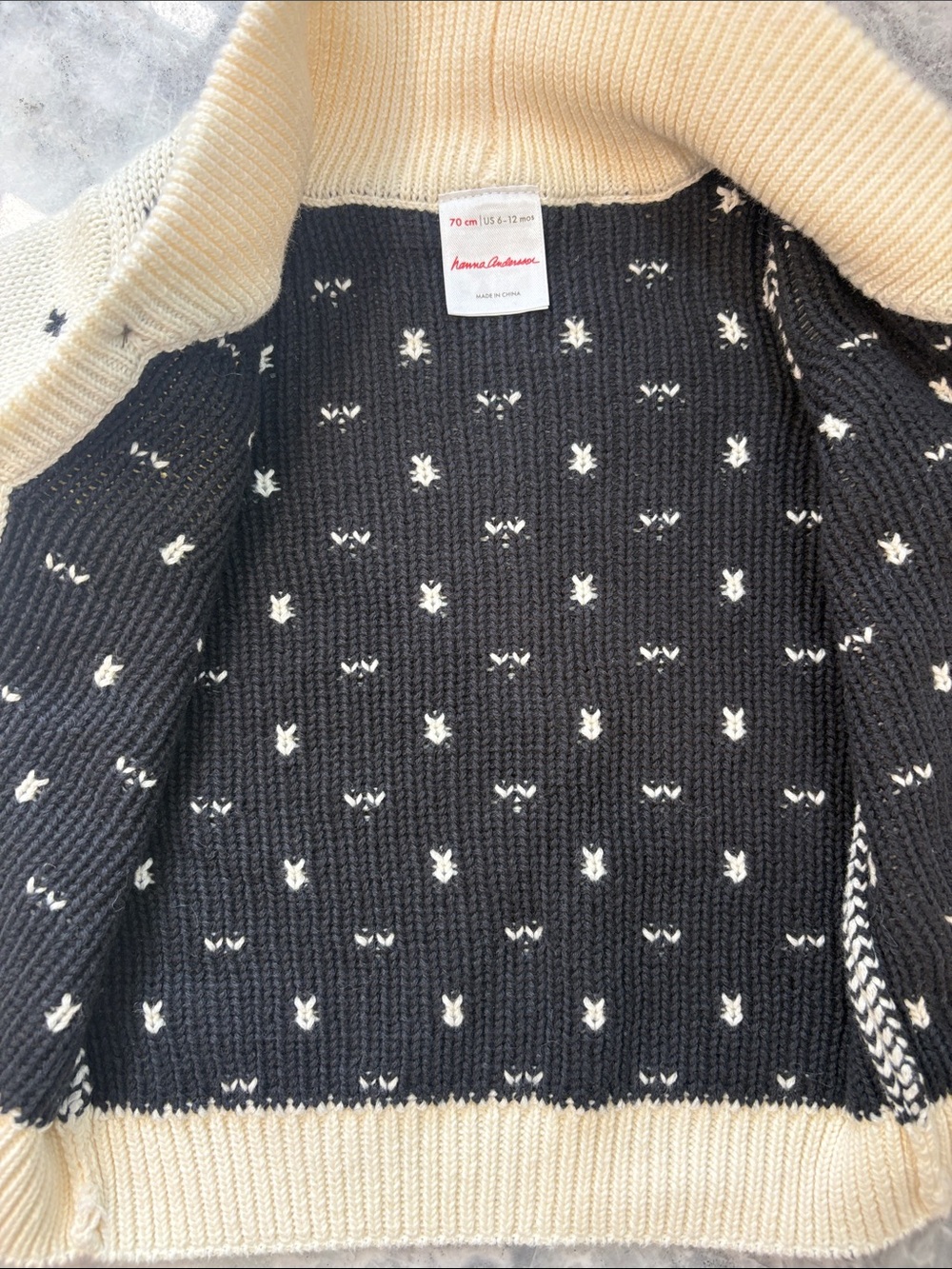 Hanna Andersson Cream Knit Shawl Collar Cardigan with Black Dot Pattern - Picture 3 of 3